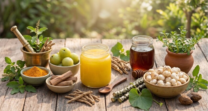 "100% Natural Ayurvedic Products" and "Future of Wellness,"