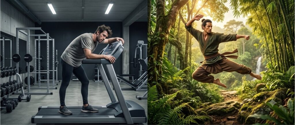 A split-screen design. On the left side, a modern individual in gym clothes looks fatigued in a sterile, grey, artificially lit gym. On the right side, a lean, agile Funaba practitioner in earthy, loose-fitting martial arts attire is mid-leap in a lush, sun-drenched Northeast Indian jungle setting.